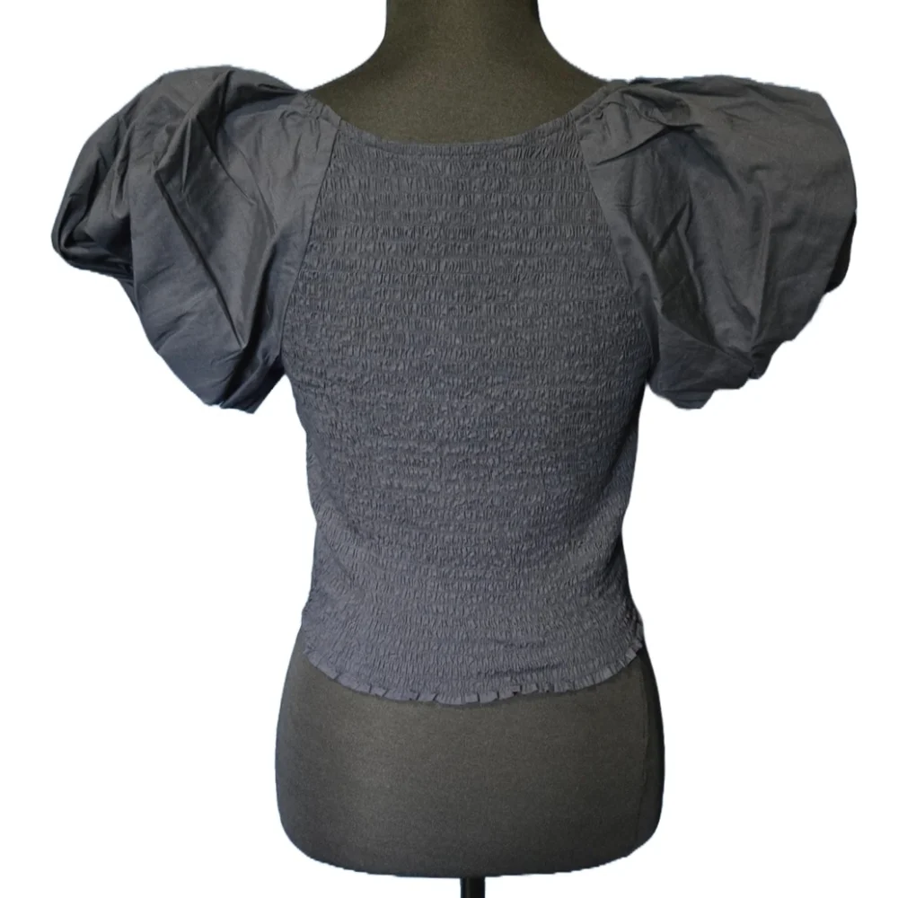 J.Crew Navy Puff Sleeve Crop Top Size 0 Fitted Peasant Romantic Coquette NWT